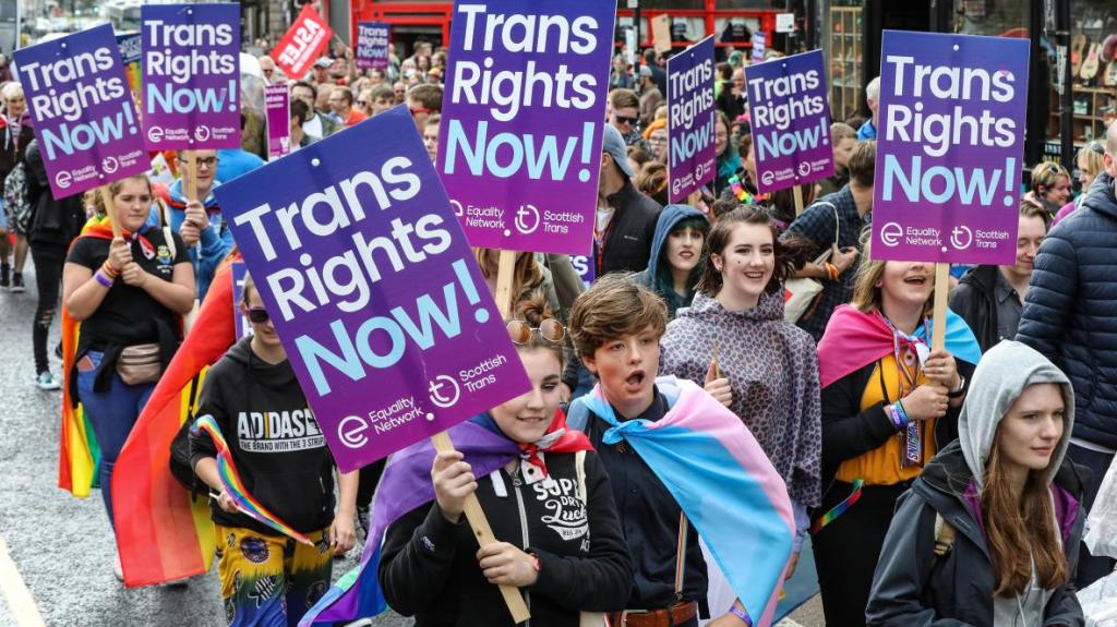 Posters reading "Trans Rights Now! 'Equality Network' 'Scottish Trans' held up during protest.